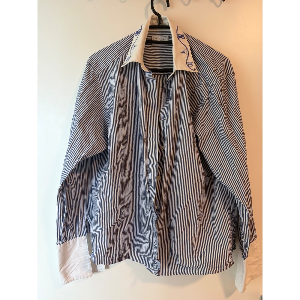 Foxcroft Vintage Blue White Striped Cotton Nautical Flag Embroidered Shirt L